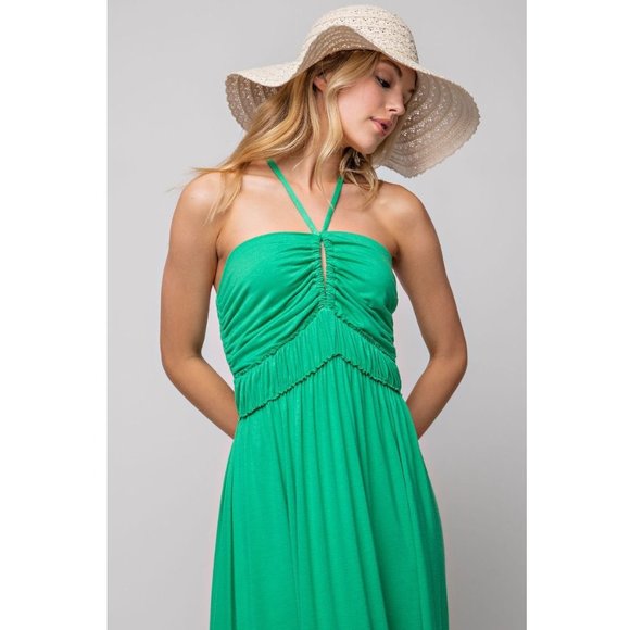 Off Shoulder Halter Dress Sleeveless Backless Smocked Ruched Pleated Dress Green - Picture 4 of 8